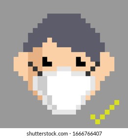 Wearing Protective Medical Mask For Prevent Virus Covid19 And Pm2.5,Pixel Art Of A Man Wearing Mask Isolated Vector Illustration.