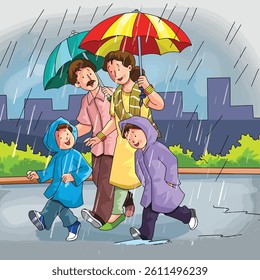 wearing raincoats carrying umbrella in the rainy season vector illustration