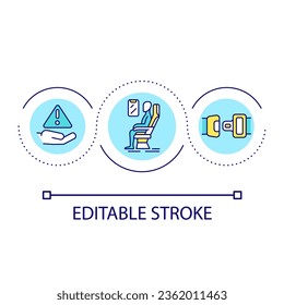 Wearing safety belt properly loop concept icon. Keeping passenger in seat during flight abstract idea thin line illustration. Seatbelt use. Isolated outline drawing. Editable stroke. Arial font used