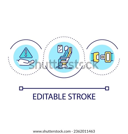 Wearing safety belt properly loop concept icon. Keeping passenger in seat during flight abstract idea thin line illustration. Seatbelt use. Isolated outline drawing. Editable stroke. Arial font used