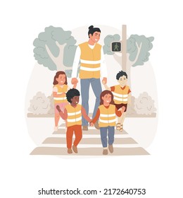 Wearing a safety west isolated cartoon vector illustration. Kids going for a walk, wearing protection, toddler in safety west, neon color, kindergarten uniform, road security vector cartoon.