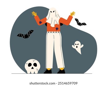 Wearing a spooky ghost costume on the head using fabric, vector illustration.