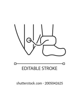 Wearing surfboard leash linear icon. Being attached to surfboard deck by leg rope. Thin line customizable illustration. Contour symbol. Vector isolated outline drawing. Editable stroke