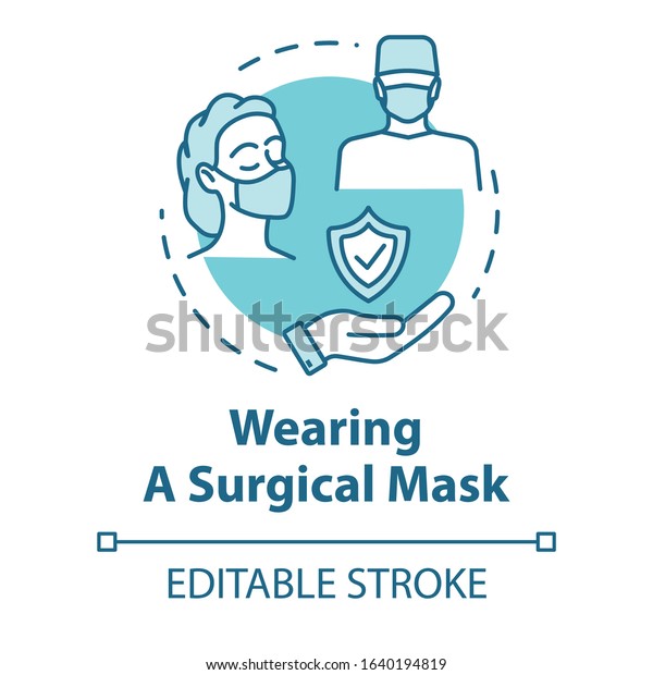Wearing surgical mask concept icon. Contegious\
virus protection. Operation aid. Influenza prevention idea thin\
line illustration. Vector isolated outline RGB color drawing.\
Editable stroke