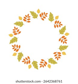 Wearth Autumn fall frame. Autumn leaves circle frame. Round border made of fall leaves in orange, yellow, and green. Vector flat isolated on white background.	