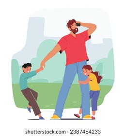 Weary Father, His Face Etched With Exhaustion, Struggles To Speak by Phone and Comfort His Tearful Children On A Bustling Urban Street. Tired Parent Character. Cartoon People Vector Illustration