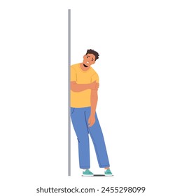 Weary Male Character Figure with Slumped Shoulders, Rests Against The Wall, Eyes Downcast. Man Wearing Blue Jeans and T-shirt Burdened By Unseen Weight, Seeking Solace In Solitude. Vector Illustration