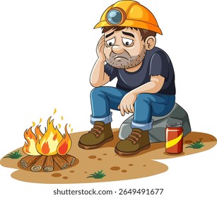 A weary miner in a hard hat sits by a campfire, holding a soda can, expressing fatigue