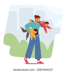 Weary Mother Character, Burdened But Determined, Carries Her Children Through The City Streets, Fatigue Etched Across Her Face. Motherhood Exhaustion Concept. Cartoon People Vector Illustration