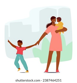 Weary Mother Character Carries Her Sleepy Baby on Hands and Holding Older Child on Bustling City Street, A Heartwarming Display Of Maternal Dedication and Tiredness. Cartoon People Vector Illustration