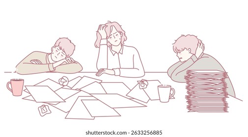 A weary team diligently working amid towering piles of documents, illustrating both stress and productivity obstacles