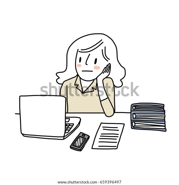 疲れた女性は手のひらに顎を乗せ フォルダーや書類がいっぱい詰まった机の上のノートパソコンを見ながら 手描きのスタイルを持つベクターイラスト のベクター画像素材 ロイヤリティフリー