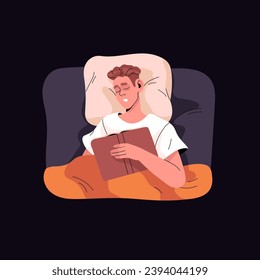 Weary young man sleeps in bed top view. People reading for night. Asleep boy holds book in hand. Tired sleeper person rests, lying under blanket, naps on pillow. Flat isolated vector illustration