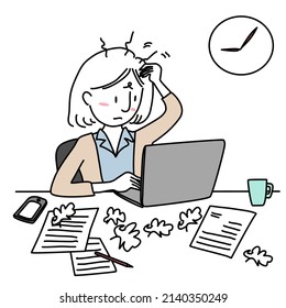 Weary Young Woman Working Overtime At Desk. Unhappy Businesswoman Sitting At Desk, Concentrating On Work. Busy And Frustrated Woman Working Hard At Desk Cluttered With Crumpled Paper Balls And Sheets.