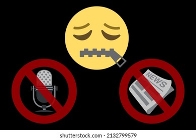 weary zipper-mouth face emoji and prohibition sign against studio microphone and newspaper,restrictions,thought control,press and radio broadcasts censorship concept,vector illustration