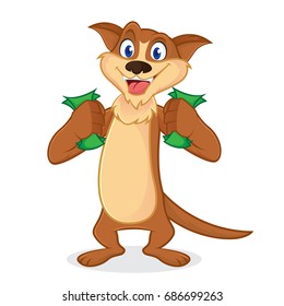 Weasel cartoon mascot holding money isolated in white backround