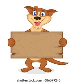 Weasel cartoon mascot holding wooden plank isolated in white backround