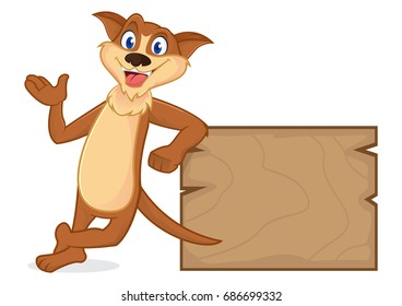 Weasel cartoon mascot leaning on wooden plank isolated in white backround