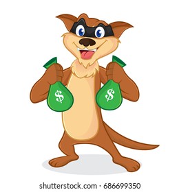 Weasel cartoon mascot as a thieft carrying money bags isolated in white backround