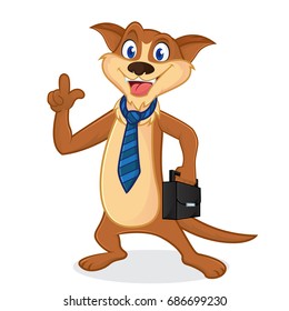 Weasel cartoon mascot wearing tie and carrying suitcase isolated in white backround