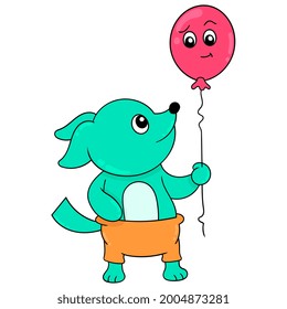 the weasel child is happy carrying a flying balloon, vector illustration art. doodle icon image kawaii.