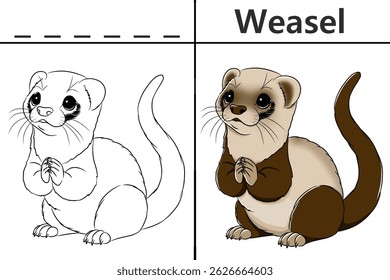 Weasel coloring pages for kids and learn to recognize letters, animal recognition cards media for various games in early childhood learning