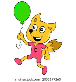 weasel kid is walking happily carrying green balloons, vector illustration art. doodle icon image kawaii.