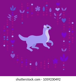 weasel on yellow with decorative ornamental elements etnic forest grass cartoon flat cute weasel forest animal