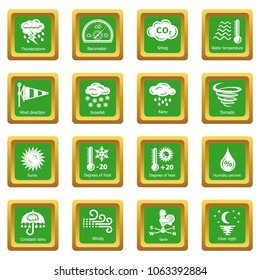 Weater icons set vector green square isolated on white background 