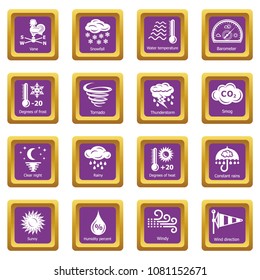 Weater icons set vector purple square isolated on white background 