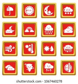 Weater icons set vector red square isolated on white background 