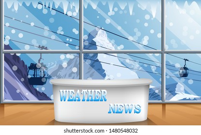 weater news studio room with the snow fall at the mountain background