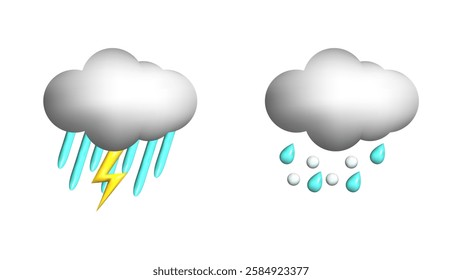 Weather 3d icons realistic isolated vector set. Thunderstorm downpour hail. Design weather app web site game logo banner. Meteorology concept.