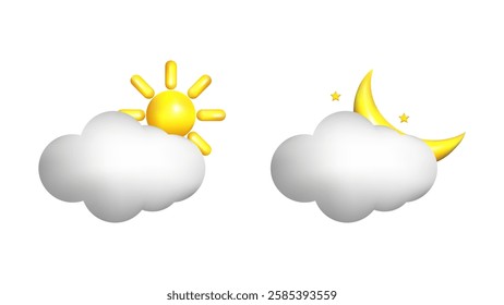 Weather 3d icons realistic isolated vector set. Partly cloudy,no precipitation,clearing. Day.Night. Design weather app web site game logo banner. Meteorology concept.