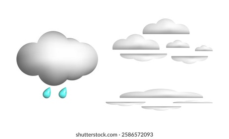 Weather 3d icons realistic isolated vector set. Light rain drizzle fog haze. Design weather app web site game logo banner. Meteorology concept.
