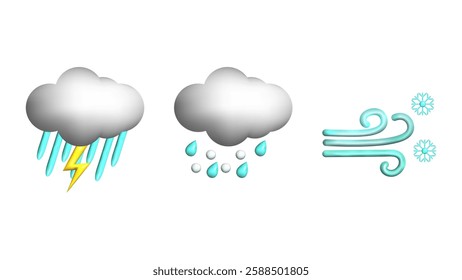 Weather 3d icons realistic isolated vector set. Thunderstorm downpour hail snowstorm. Design weather app web site game logo banner. Meteorology concept.