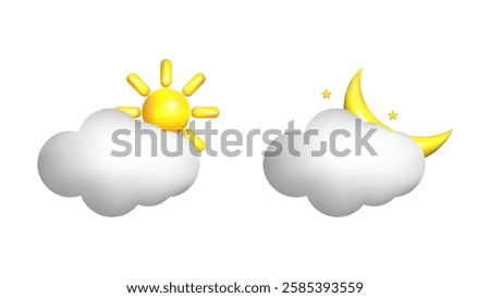 Weather 3d icons realistic isolated vector set. Partly cloudy,no precipitation,clearing. Day.Night. Design weather app web site game logo banner. Meteorology concept.