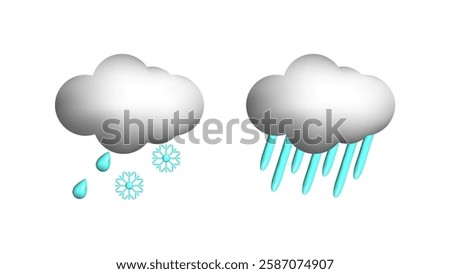 Weather 3d icons realistic isolated vector set. Light snow. sleet heavy downpours. Design weather app web site game logo banner. Meteorology concept.