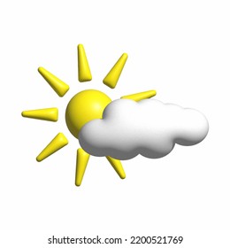 Weather 3d Icon.Yellow Sun With Rays And Cloud. Trendy Cartoon Minimal Style Vector Design. Weather Forcast, Nature, Space, Sky, Day Concept. 