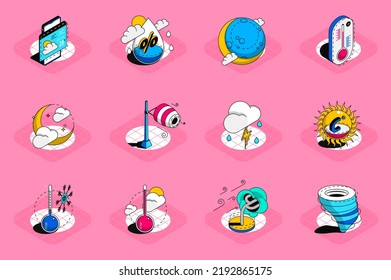 Weather 3d isometric icons set. Pack elements of air humidity, temperature, wind, sun, moon, cloudy, thunderstorm, atmosphere, overcast and others. Vector illustration in modern isometric design