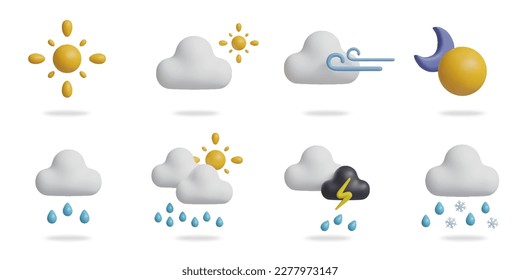 weather 3D vector icon set.
climate,clouds,thunder,wind,star and moon,rainy day,snow day