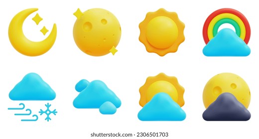Weather 3d vector icon set. Crescent moon, full moon, sun, rainbow, blizzard, cloud, cloudy day, cloudy night. Isolated on white background. 3d icon vector render illustration.