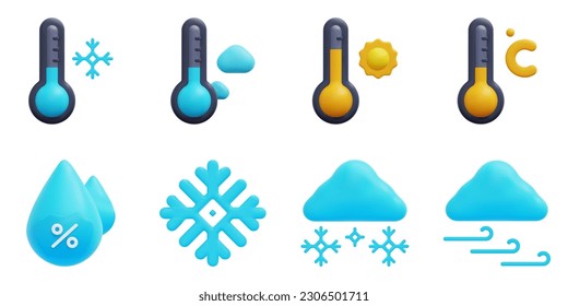 Juego de iconos de vector 3d del tiempo. Frío, frío, calor, temperatura, humedad, copo de nieve, nieve, viento. Aislado sobre fondo blanco. Ilustración del vector de icono 3d.