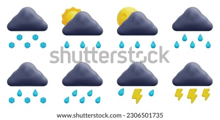 Weather 3d vector icon set. Cool, hail, heavy rain, rainy, rainy day, rainy night, sleet, storm, thunderstorm. Isolated on white background. 3d icon vector render illustration.