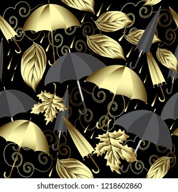Weather 3d vector seamless pattern. Autumn abstract gold and black background with surface umbrellas, leaf fall, clouds, rain. Vintage repeat ornamental backdrop. Modern decorative ornate design.