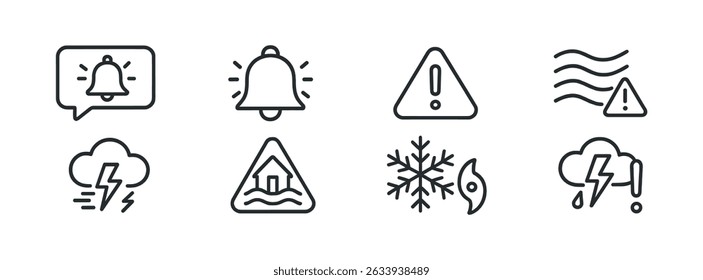 Conjunto de iconos lineales de Clima alert: estilo de línea para una integración y notificación perfectas