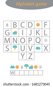 Wetteralphabet-Spiel für Kinder, Wortmachen, Vorschulen-Arbeitsblattaktivität für Kinder, pädagogisches Buchstabenspiel für Kinderentwicklung, Vektorillustration-Illustration