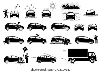 Weather, Animal, And Road Hazard Destroy And Damage Car Icons. Vector Illustration Of Hot Sun, Snow, Acid Rain, And Flood Damaging Car. People Vandalism On Vehicle By Scratching. Dirty Old Broken Car.