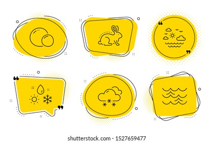 Weather, Animal tested and Waves signs. Chat bubbles. Travel sea, Snow weather and Peas line icons set. Summer holidays, Snowflake, Vegetarian seed. Climate. Nature set. Line travel sea icon. Vector