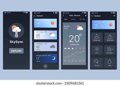 Conceito de aplicativo meteorológico em design plano. Design da interface do usuário do SkySync, exibindo dados meteorológicos para diferentes cidades, incluindo funções de temperatura e umidade. Ilustração de vetor.